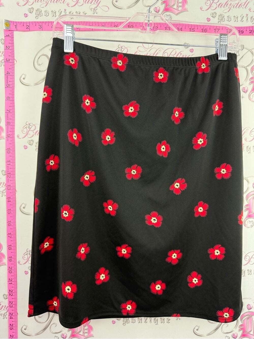 Casual Corner Black A-Line Skirt with Red Floral Print